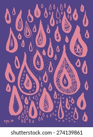 Vector set of hand drawn dirty pink decorated water drops on ultramarine background. Design elements collection