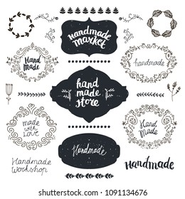 Vector set of hand drawn doodle frames, badges. Handmade, workshop, hand made shop graphic design set. Arts and crafts, icons, logos, badges set isolated, lettering