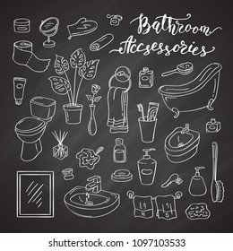 Vector set of hand drawn doodle bathroom elements isolated on black chalkboard illustration