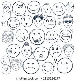 Vector set of hand drawn doodle faces, emotions. Black and white