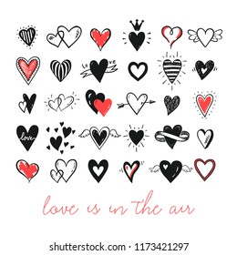 Vector set of hand drawn doodle cartoon hearts. Valentines day, wedding card design. 