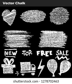 Vector set of hand drawn doodle sale lettering, typography, frames, bubbles written on chalkboard background. Black and white grunge vector illustration.