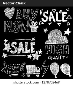 Vector set of hand drawn doodle sale lettering, typography, frames, bubbles written on chalkboard background. Black and white grunge vector illustration.