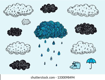 Vector set of hand drawn doodle clouds. Rainy day, weather forecast