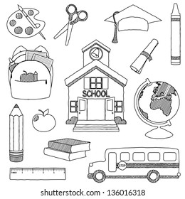 Vector Set of Hand Drawn Doodle School Vectors - unfilled