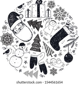 Vector set of hand drawn doodle Christmas, New Year illustrations. Santa, stocking, presents, snowman, christmas trees, snowflakes, birds