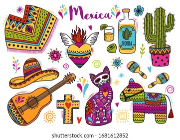 Vector set with hand drawn doodle Mexican elements.