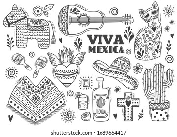 Vector set with hand drawn doodle Mexican elements.