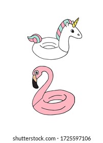 Vector set of hand drawn doodle sketch colored swimming flamingo and unicorn float ring isolated on white background