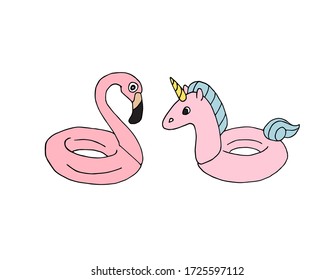 Esbozo de doodle dibujado a mano flamingo de natación rosa y anillo de flotación de unicornio aislado en fondo blanco