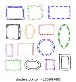 Vector Set of Hand Drawn Doodle Frames, Colorful Design Elements Isolated on White Background, Different Colors, Sketched Frames.