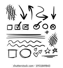 Vector Set of Hand Drawn Doodle Elements, Arrows Isolated on White Background, Check Boxes and Lines.