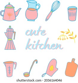 vector set of hand drawn doodle kitchen utensils and cooking tools illustrations. Pink toy dishes for girls