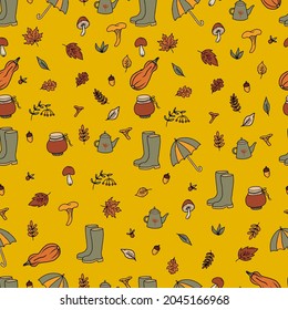 vector set of hand drawn doodle autumn illustrations. Harvest festival. Fall party invitation banner. Happy Thanksgiving card decor. Umbrella, boots, mushrooms and leaves