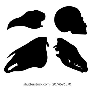 Vector set of hand drawn doodle sketch animal and human skull silhouette isolated on white background