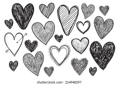 vector set of hand drawn doodle hearts, black and white hearts isolated. Valentine's day graphic elements