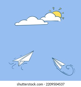 Vector set of hand drawn doodle paper airplane isolated on white background. Line icon symbol of travel and route.