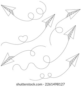 Vector conjunto de avión de papel doodle dibujado a mano aislado sobre fondo blanco. Símbolo de icono de línea de plano de papel de viaje y ruta. Ilustración del vector