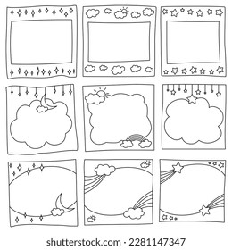 Vector set of hand drawn doodle frames with weather, clouds, stars, rainbows and clouds. Sticky note clipart , notebook paper, memo pad, illustration