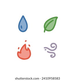 Vector set of Hand drawn, doodle 4 nature elements, Water, Fire, Air, Earth