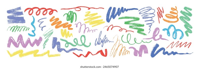 Vektorgrafik-Set von Hand gezeichnete Doodle bunte Kohle Bleistift Schnörkel und verschiedene Linien. Farbe Kreide Kritzeleien, Striche, Skizzen, Locken oder Zickzack-Linie. Grunge Stift Buntstift raue Wirbel oder dünne Krakel