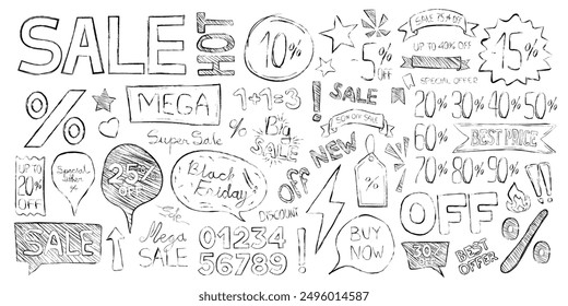 Vector set of hand drawn doodle, sketch or textures. Black Friday sale symbol or special hot offers. Vector illustration