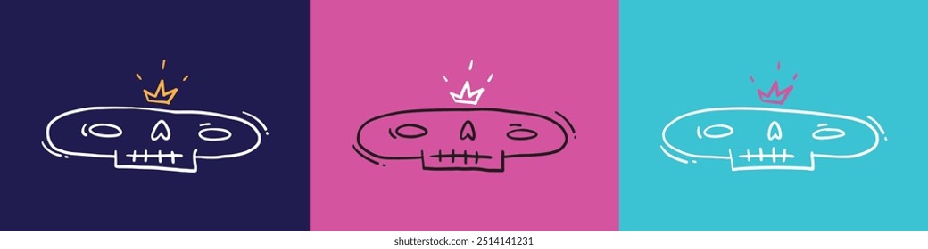 Vector conjunto de dibujado a mano doodle sketch cráneo humano con corona sobre fondo rosa y azul. Etiqueta engomada del arte de la línea para Halloween feliz. Icono de la fiesta mexicana Día de la Muerte. Subcultura emo. Cara de zombie de dibujos animados