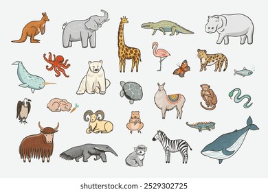 Vector set of hand drawn doodle cartoon animals. Vector illustration.