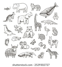 Vector set of hand drawn doodle cartoon animals. Vector line illustration.