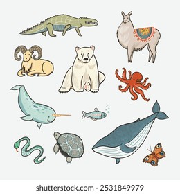 Vector set of hand drawn doodle cartoon animals. Vector illustration.