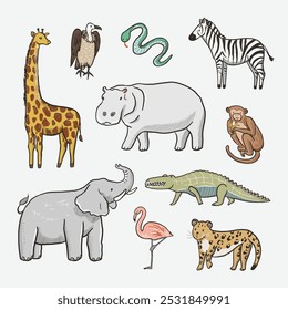 Vector set of hand drawn doodle cartoon animals. Vector illustration.