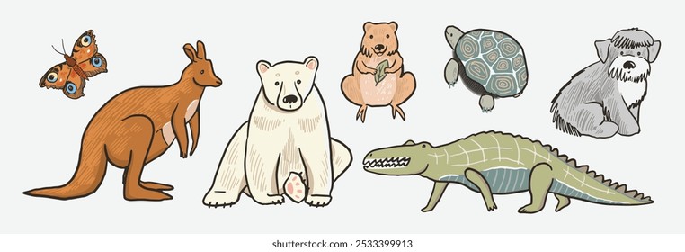 Vector set of hand drawn doodle cartoon animals. Vector illustration.