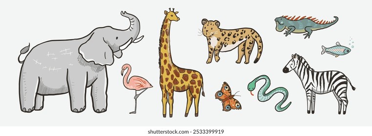 Vector set of hand drawn doodle cartoon animals. Vector illustration of elephant, giraffe, leopard, flamingo, zebra, snake, butterfly.