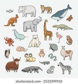 Vector set of hand drawn doodle cartoon animals. 