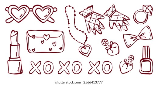 Vector set of hand drawn doodle Valentines day date illustrations. Set of outline crayon cute lipstick, heart shape sunglasses, ring, gloves, pendant, earrings isolated on white background.