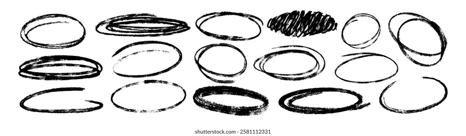 Vector set of hand drawn doodle crayon ovals and scribble circles. Black chalk pencil emphasis element shapes, freehand ellipse highlights. Charcoal rough round frames, scribbles or encircle lines.