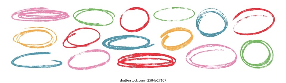 Vector set of hand drawn doodle crayon ovals and highlight circles. Colored chalk pencil emphasis element shapes and freehand ellipses. Handdrawn charcoal rough round frames, scribbles, encircle lines