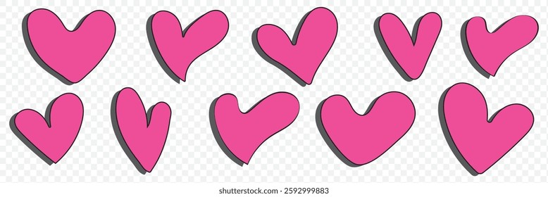 vector set of hand drawn doodle hearts, black and white hearts isolated. Valentine's day graphic elements