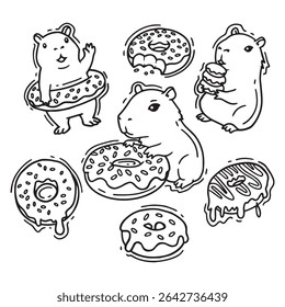Vector set of hand drawn doodle cartoon capybara and donuts. Vector illustration.