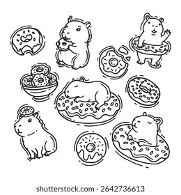 Vector set of hand drawn doodle cartoon capybara and donuts. Vector illustration.