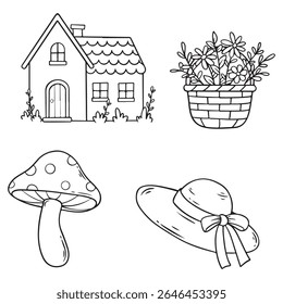 Vector set of hand drawn doodle mushrooms, hat, house, basket.