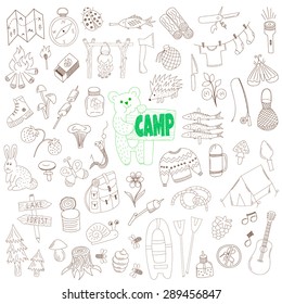 vector set of hand drawn doodle camping elements isolated on white background