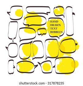 Vector set of hand drawn doodle elements. Text bubbles and balloons, frames and arrows isolated on light backdrop. Colorful paint drops. Elements for comic art design.. 