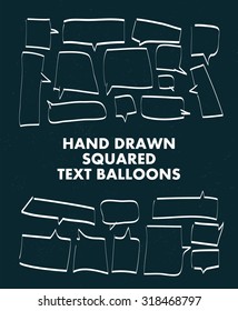 Vector set of hand drawn doodle elements. Text bubbles and balloons, frames and arrows isolated on light backdrop. Colorful paint drops. Elements for comic art design.. 