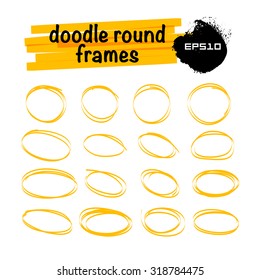 Vector Set Of Hand Drawn Doodle Sketch Elements. Text Bubbles And Balloons Symbol, Frames And Arrows Isolated On Light Backdrop. Dialog Box. Colorful Paint Drops. Elements For Comic Art Design.