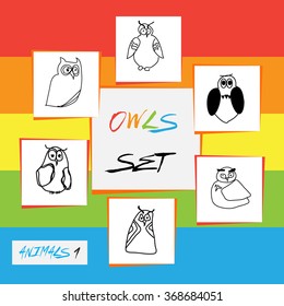 Vector set of hand drawn doodle animals: owls. Black color. 