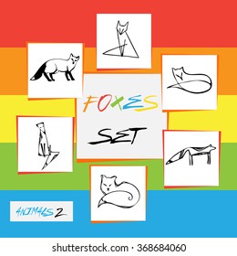Vector set of hand drawn doodle animals: foxes. Black color.