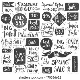 Vector set of hand drawn doodle sale lettering, typography, frames, bubbles. Retail promotion banner for discount offer or Black Friday clearance. Black and white