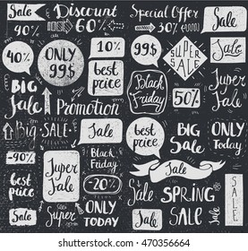 Vector set of hand drawn doodle sale lettering, typography, frames, bubbles. Retail promotion banner for discount offer or Black Friday clearance. Black and white