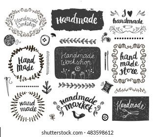 Vector set of hand drawn doodle frames, badges. Handmade, workshop, hand made shop graphic design set. Arts and crafts, sewing elements, icons, logos, badges set isolated, lettering